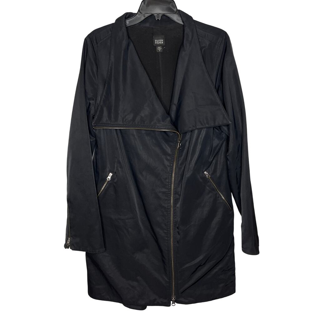 Eileen Fisher Black Full Zip Trench Rain Coat Oversize Collar‎ Zip Pocket Medium